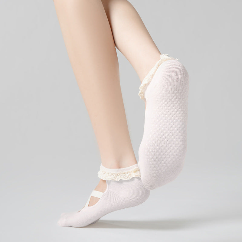 Elegant Mary Jane Pilates Socks | Grippy Barre Socks with Ruffle Lace
